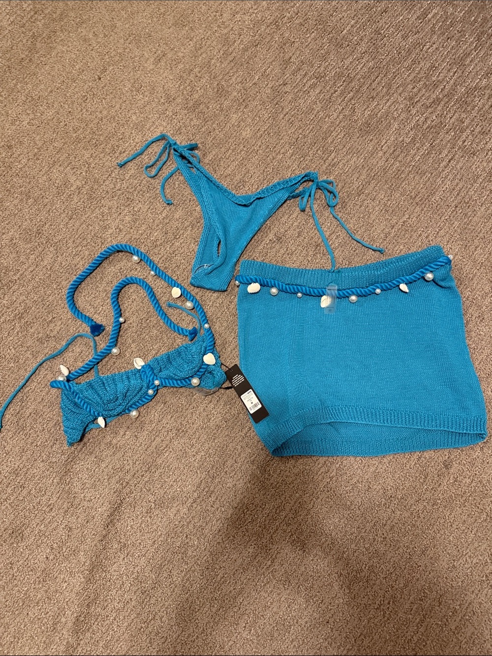 Blue Knit Bikini Set with Shell Accents